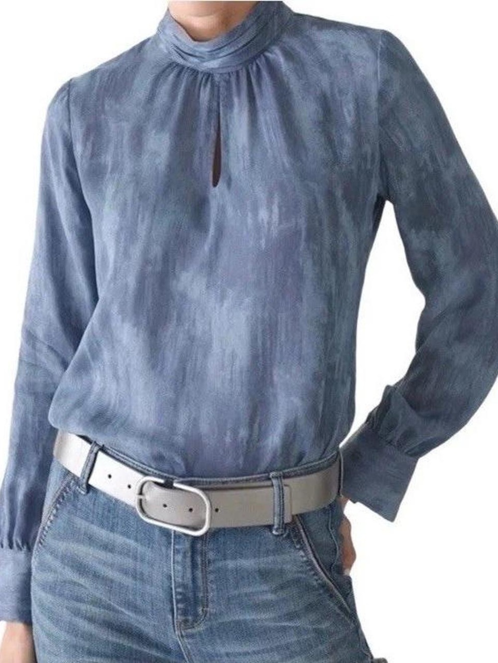 White House Black Market Dusty Blue High-Neck Long-Sleeve Blouse
